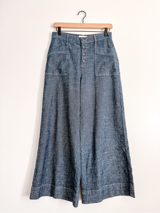Evereve Denim - EVEREVE Beth Wide Leg Pants Hemp Blend Chambray Blue Size 27